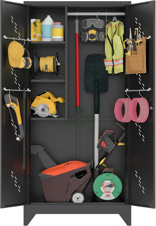 75" Metal Storage Cabinet, Tool Cabinets with Hooks, Garage Storage Cabinet with Lock, Heavy-Duty