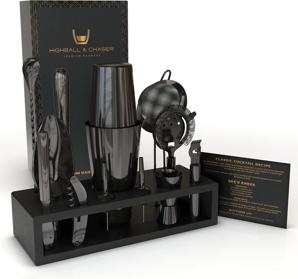 Highball & Chaser 13-Piece Gunmetal Black Stainless Steel Boston Cocktail Shaker Bar Tool Set with