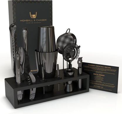 Highball & Chaser 13-Piece Gunmetal Black Stainless Steel Boston Cocktail Shaker Bar Tool Set with