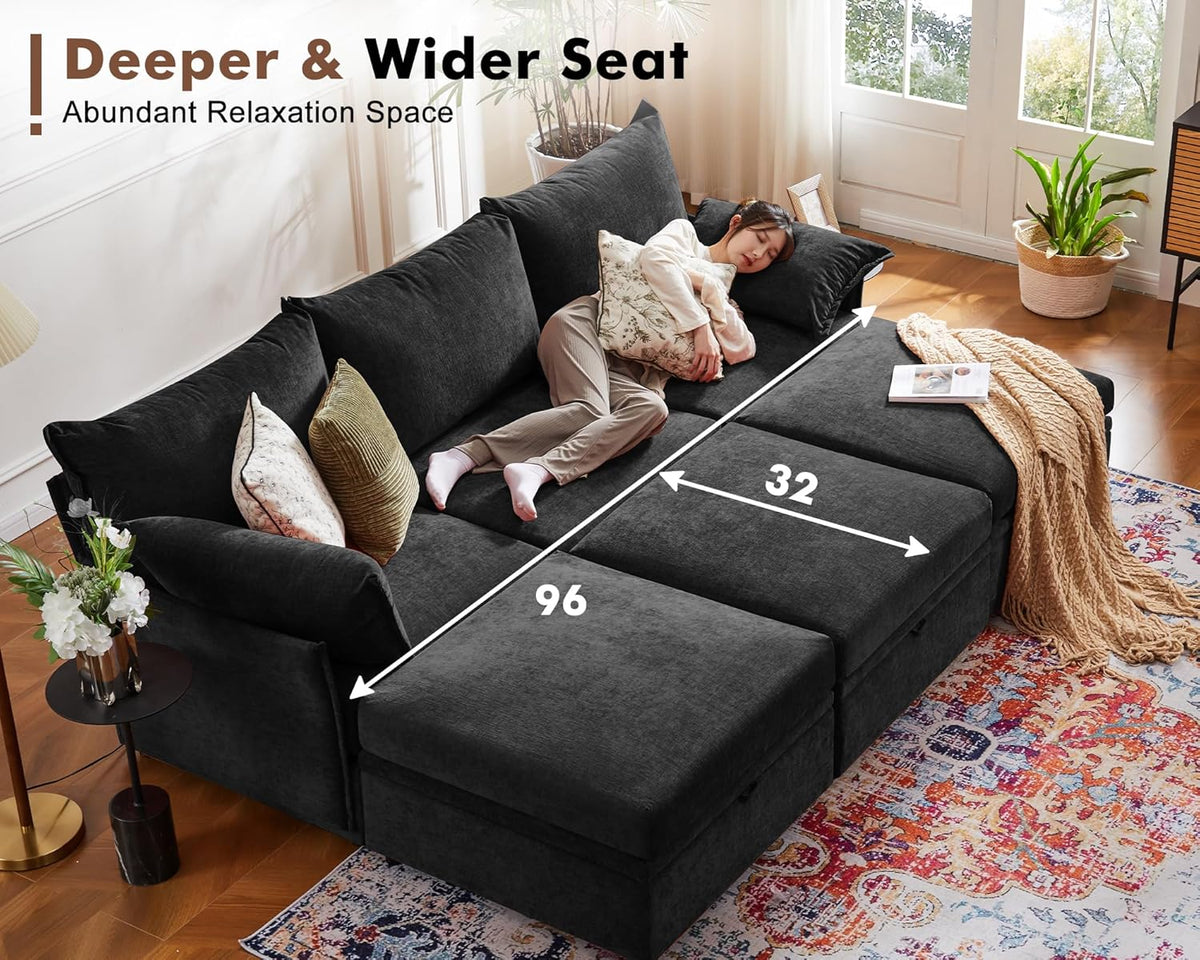 134.6" Modular Sectional Sofa, Oversized 4 Seater Couch with Removable Black Chenille Fabric Cover