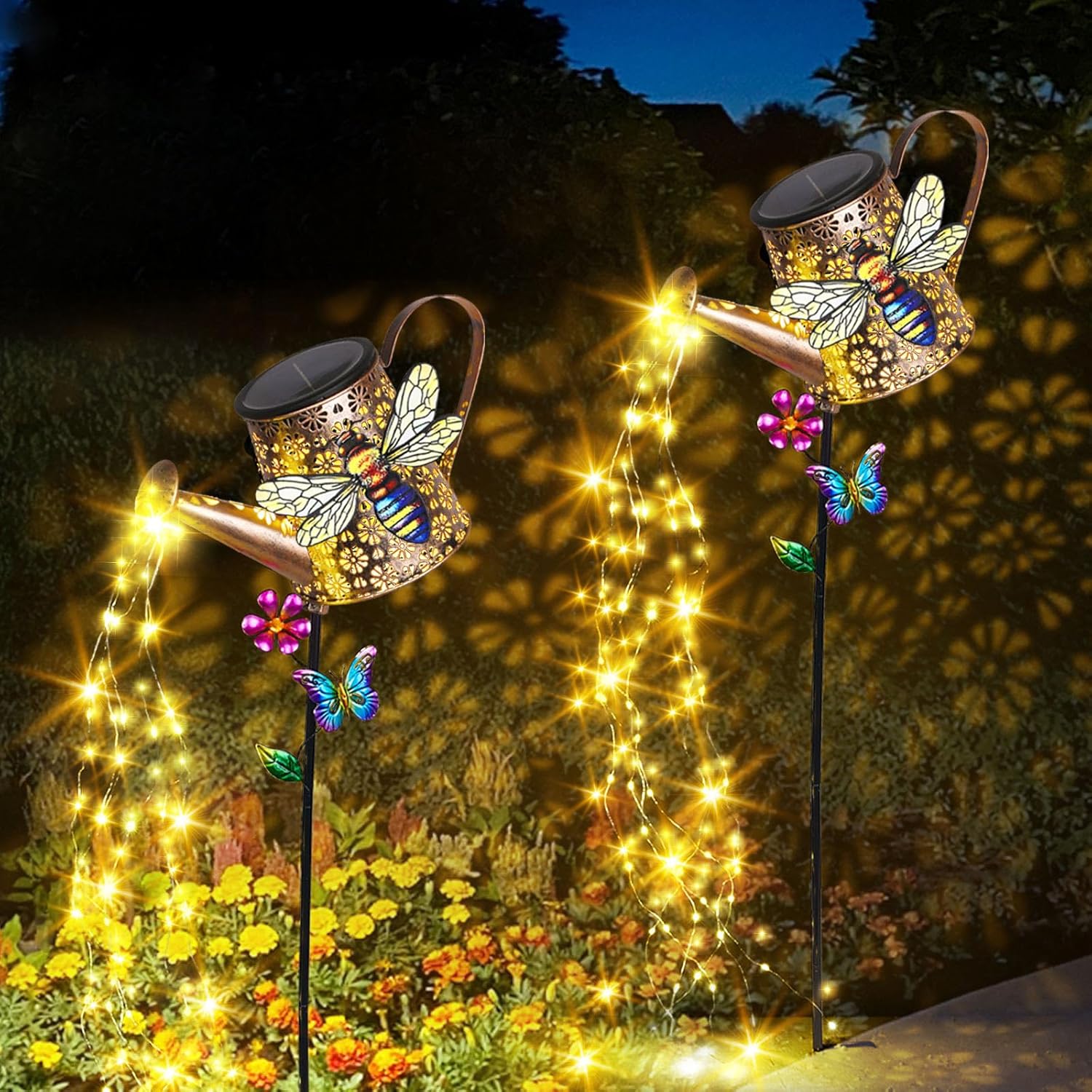 Solar Lights Outdoor Decorative, 39.4'' Metal Solar Watering Can Lights with Bee, Waterproof Garden