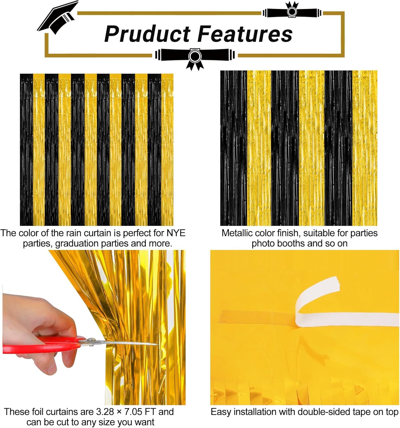 2 Pack Graduation Backdrop, 3.28 FT x 7.05 FT Black and Gold Foil Fringe Curtains, Metallic Foil