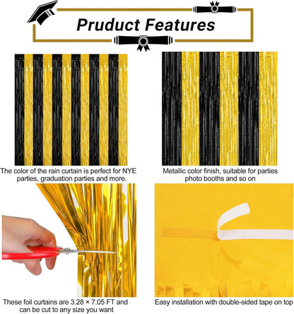 2 Pack Graduation Backdrop, 3.28 FT x 7.05 FT Black and Gold Foil Fringe Curtains, Metallic Foil