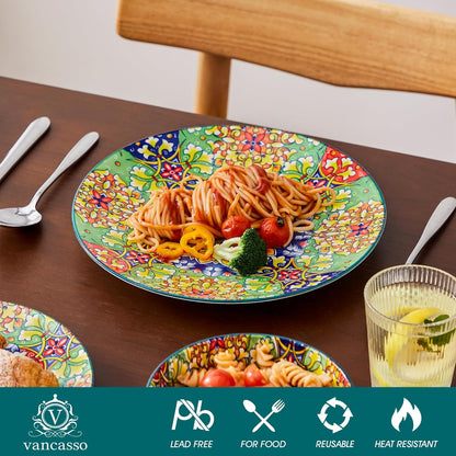 vancasso 12 Pieces Dinnerware Sets, Green Plates and Bowls Set, Porcelain Dishes Set for 4