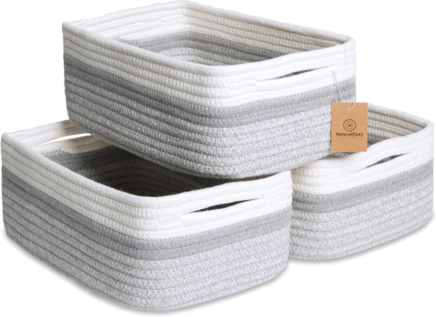 NaturalCozy 11.8"x8"x4.5” Storage Baskets for Shelves 3 Pack | Cotton Rope Woven Small Baskets for