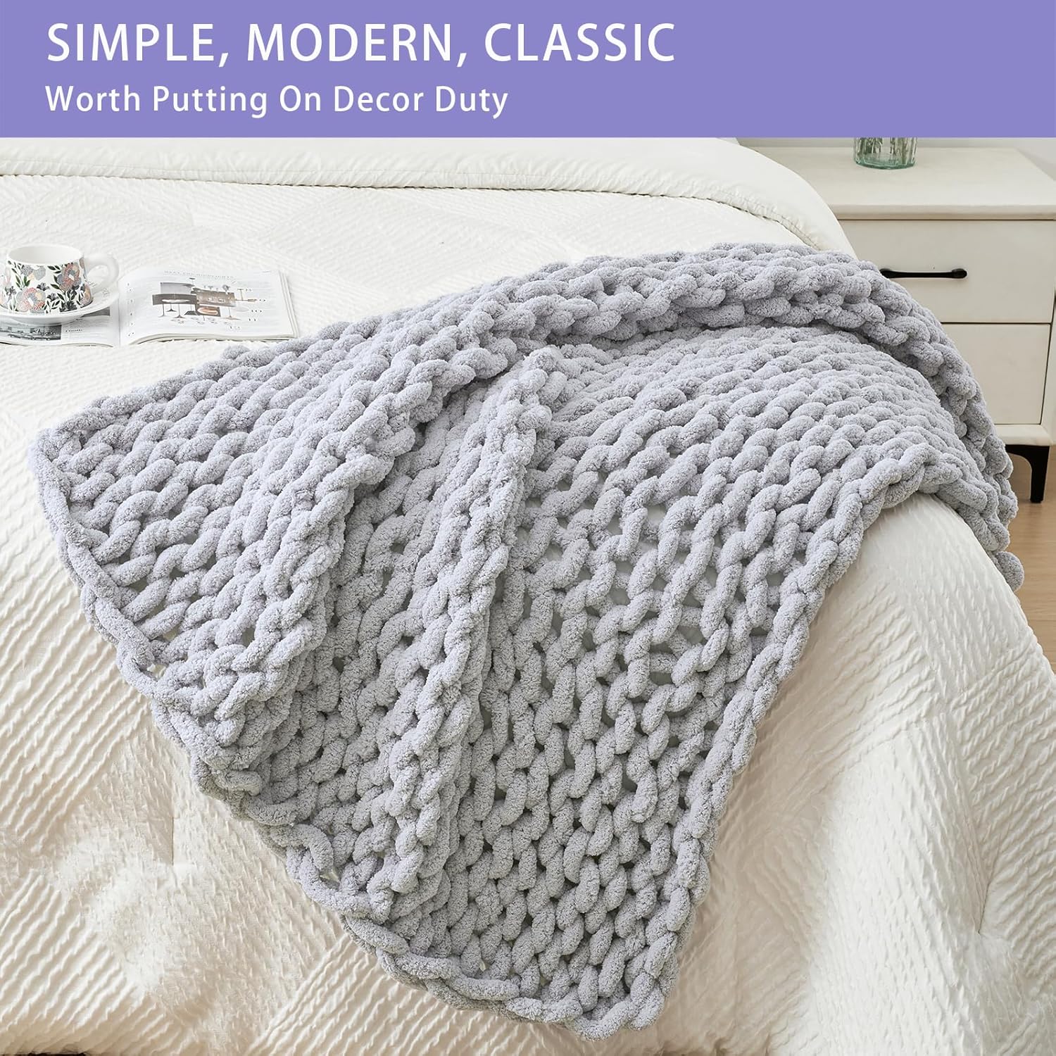Bigacogo Chunky Knit Throw Blanket for Couch, 40x40 inches, 100% Hand Knitted with Thick Jumbo