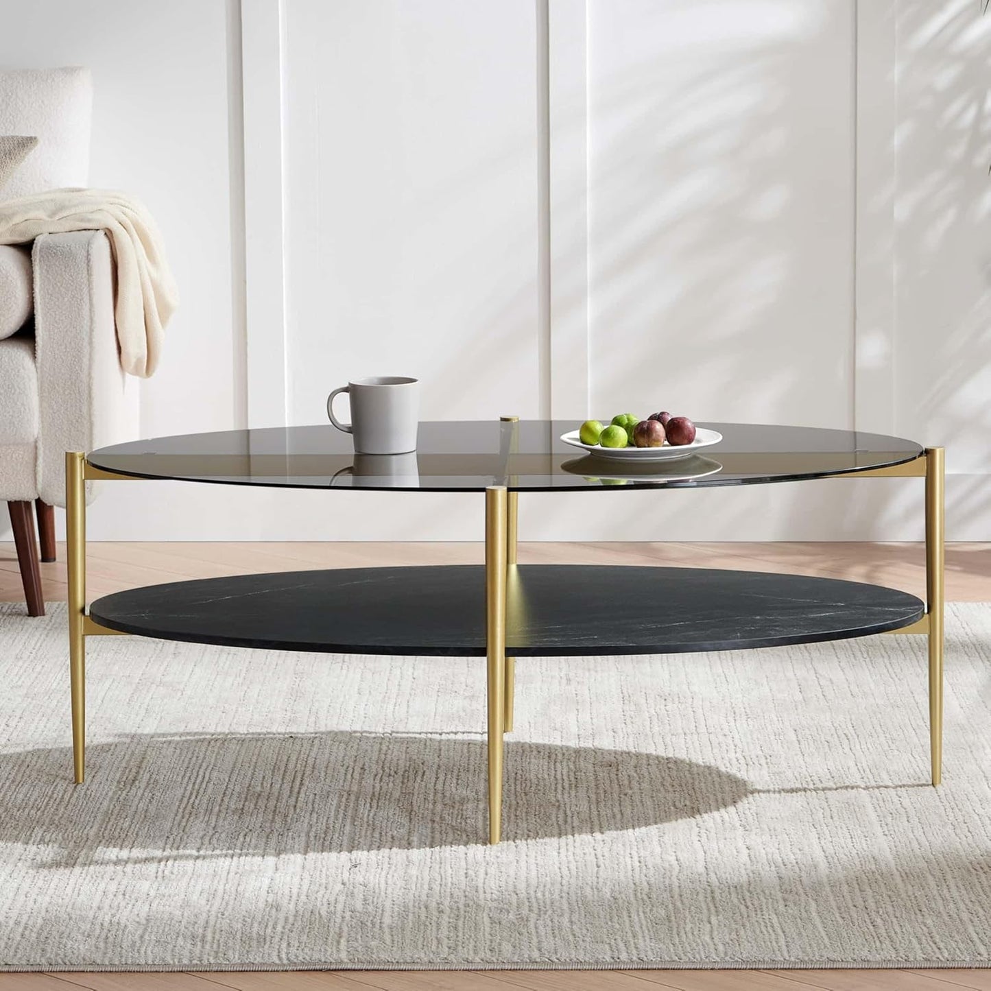 Oval Glass Coffee Table, Mid-Century Modern Design, L43 x W22 x H17 inch, Surfboard Shaped Grey