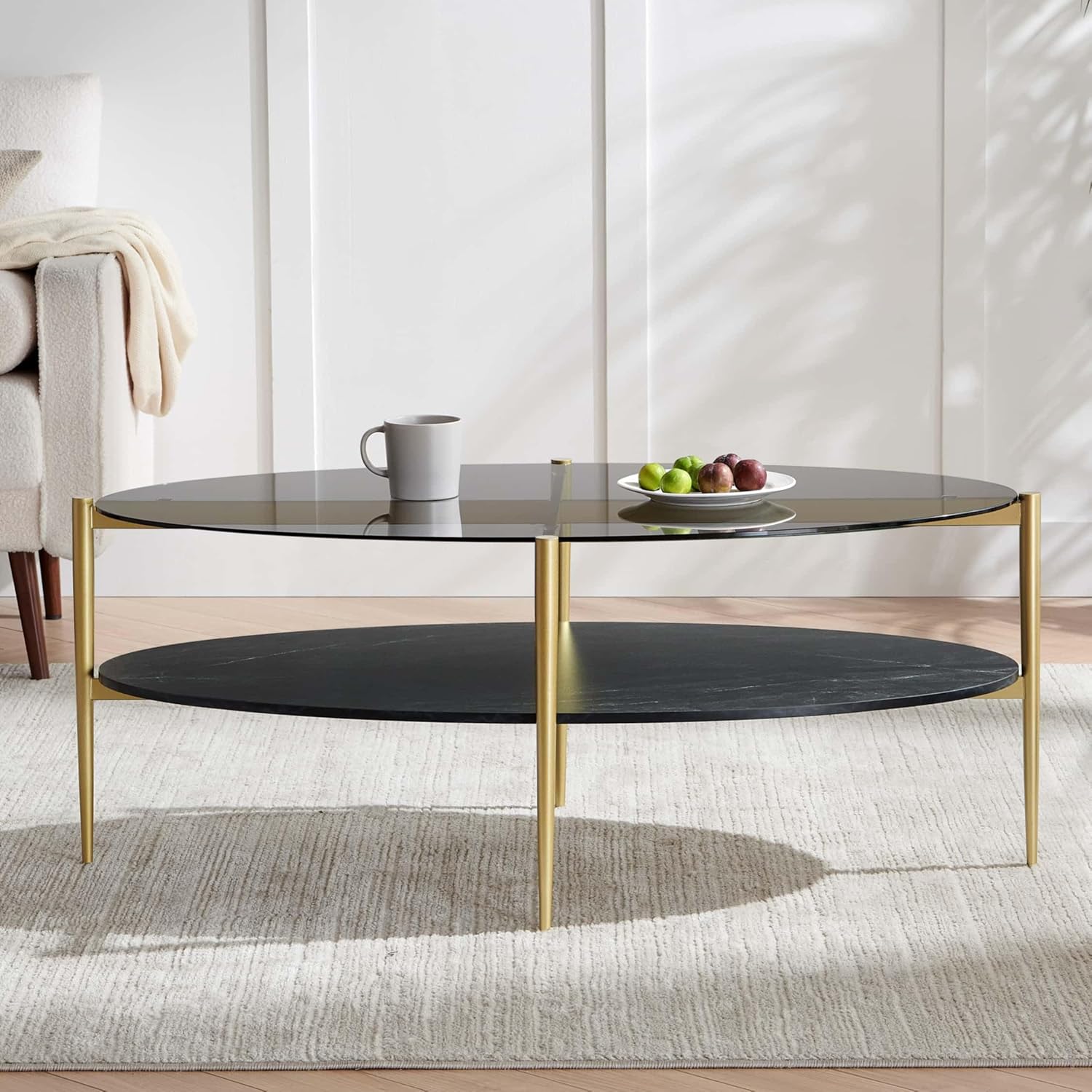 Oval Glass Coffee Table, Mid-Century Modern Design, L43 x W22 x H17 inch, Surfboard Shaped Grey