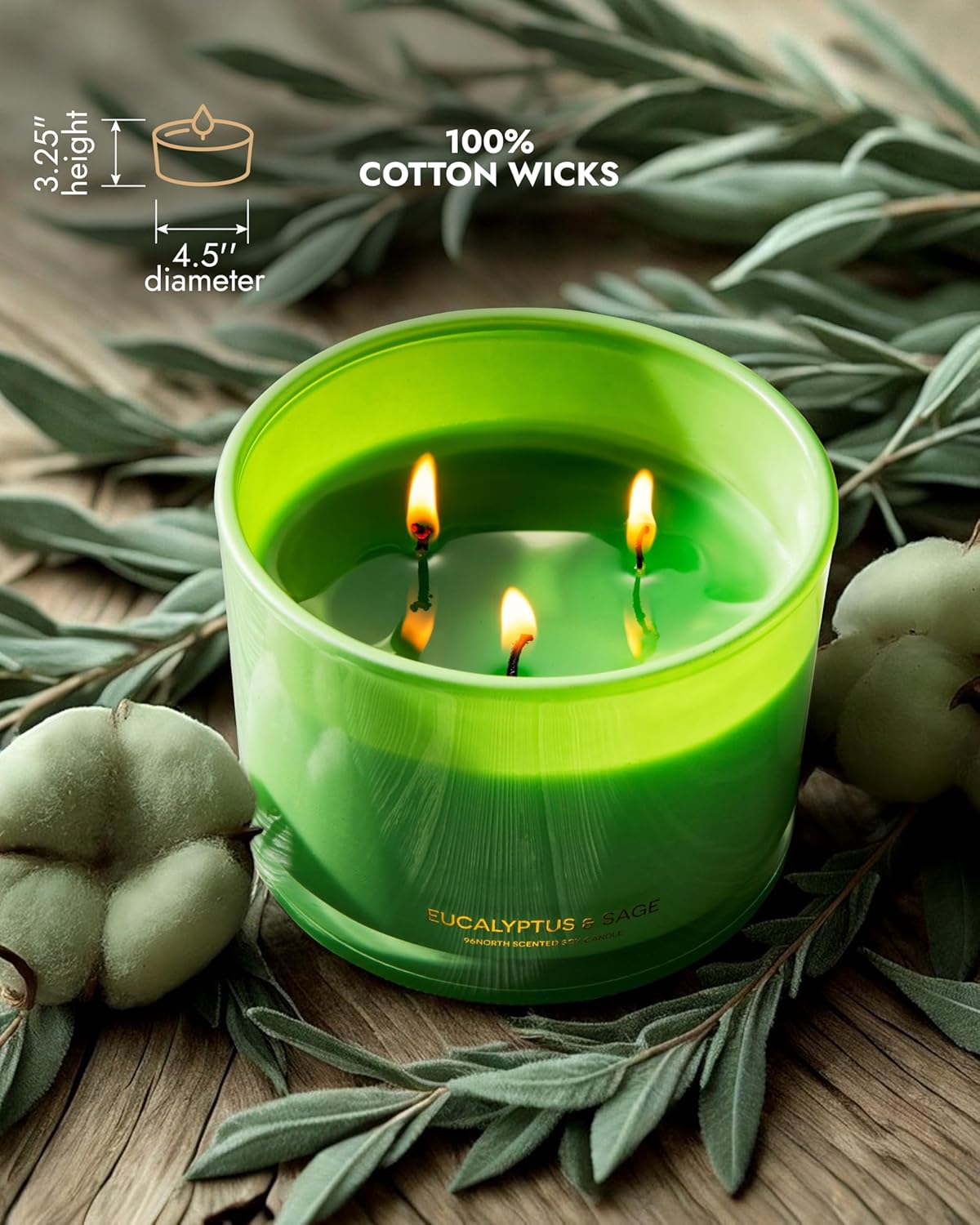96NORTH Luxury Eucalyptus & Sage Soy Candle | Large 3 Wick Jar Candle | Up to 50 Hours Burning Time