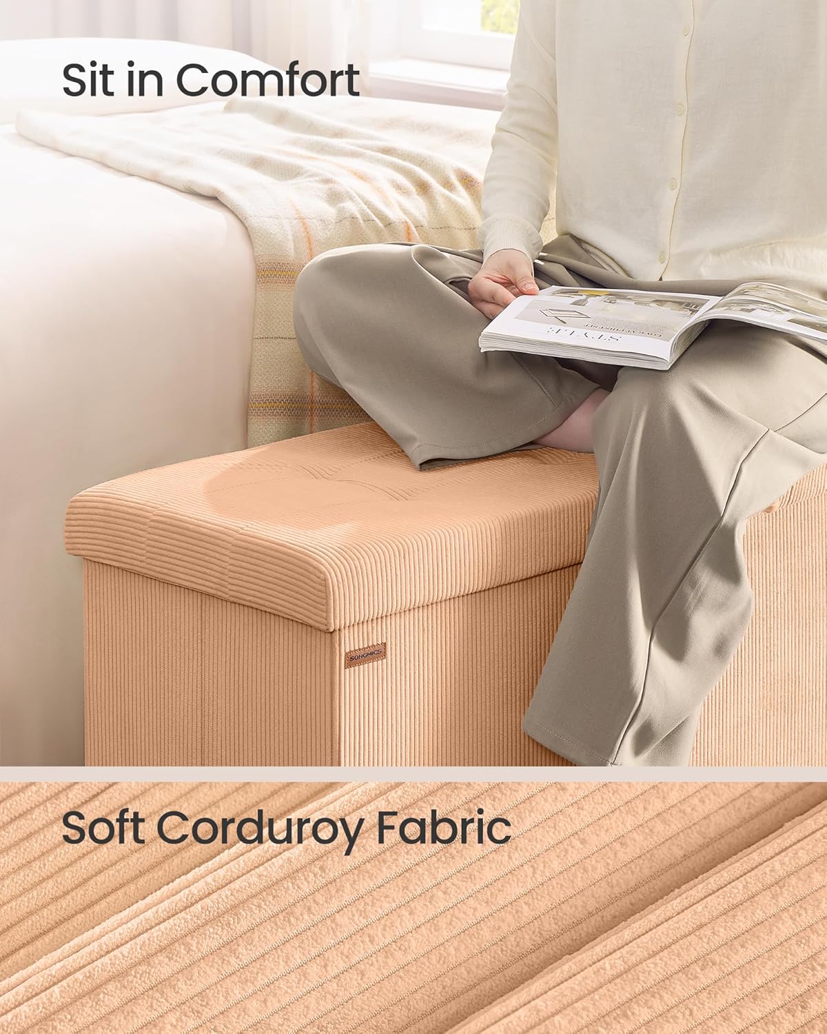 SONGMICS MAZIE Collection - Storage Ottoman Bench, Foldable Foot Rest, 15 x 43 x 15 Inches, End of