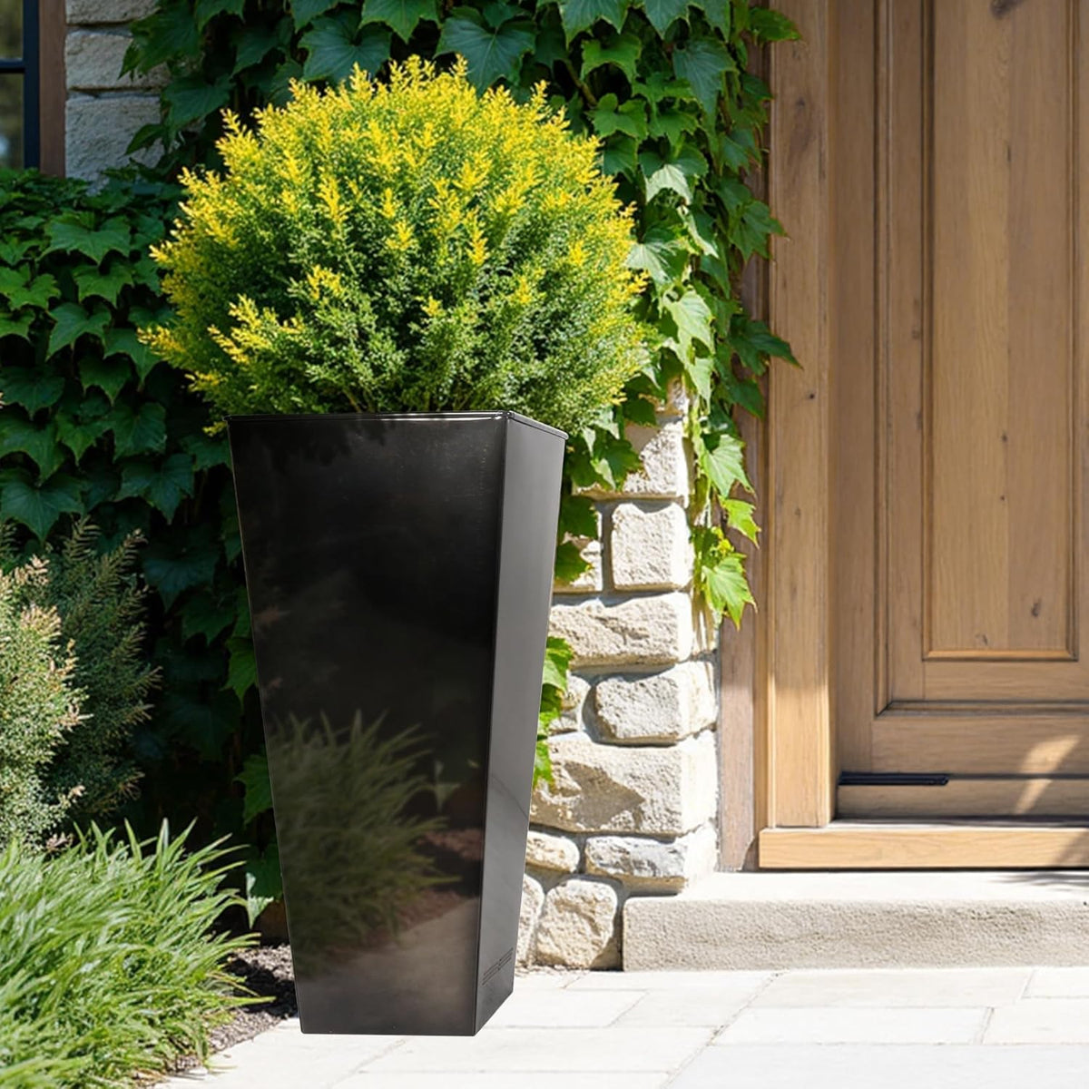 Worth Garden 28" H. Large Metal Glazed Planter Set of 2, Modern Glossy Finish Black Tall Square