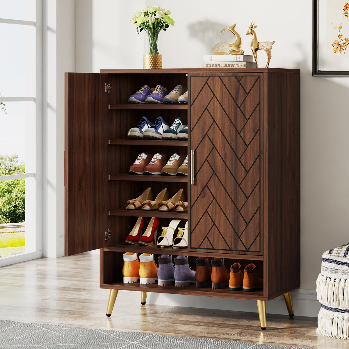 Tribesigns 6-Tier Shoe Cabinet with Doors, Wooden Shoe Storage Cabinet with Adjustable Shelves for