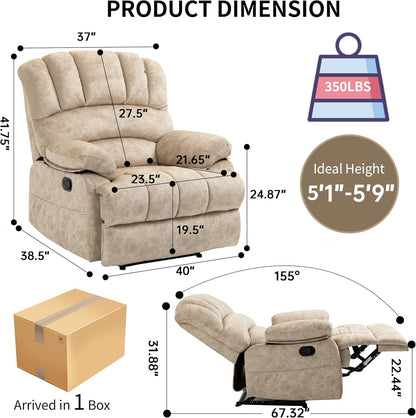 Luxlen Large Manual Recliner Chair,Soft Fabric Push Back Recliner with Overstuffed Armrest and