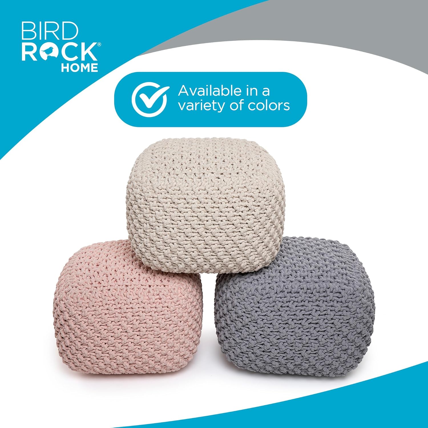 BIRDROCK HOME Square Pouf Ottoman | Cotton Braided Foot Stool with Bean Bag Filling | Boho Foot
