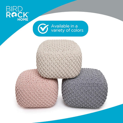 BIRDROCK HOME Square Pouf Ottoman | Cotton Braided Foot Stool with Bean Bag Filling | Boho Foot