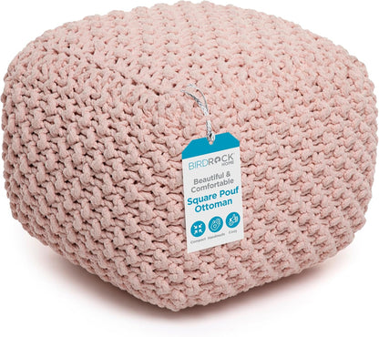 BIRDROCK HOME Square Pouf Ottoman | Cotton Braided Foot Stool with Bean Bag Filling | Boho Foot