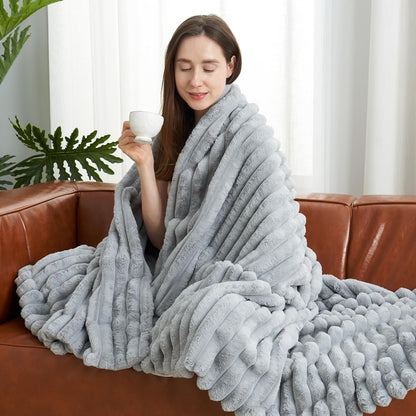 Amélie Home Faux Fur Throw Blanket for Couch, Cozy Fuzzy Fluffy Fur Luxurious Soft Striped Plush