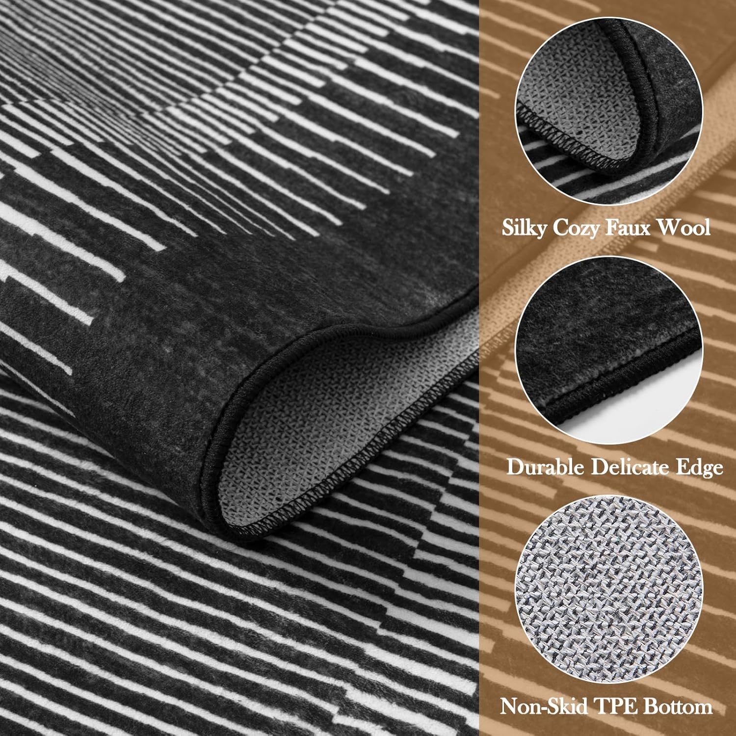 Wonnitar Washable Striped 5x7 Washable Area Rug, Non-Slip Black Berber Stripe Rugs for Living Room