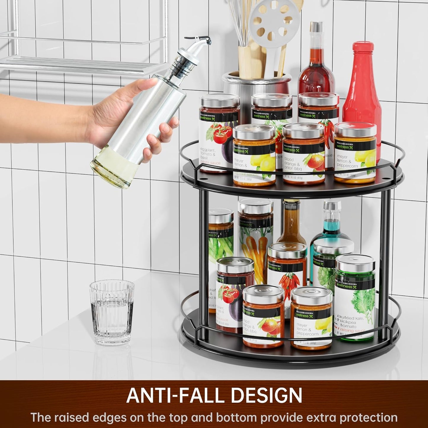 Lazy Susan Organizer 2 Tier - 12.4" Turntable Spice Rack for Table Top, Wooden Rotating Lazy Susan