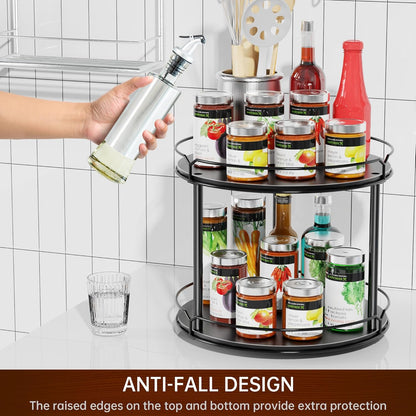 Lazy Susan Organizer 2 Tier - 12.4" Turntable Spice Rack for Table Top, Wooden Rotating Lazy Susan