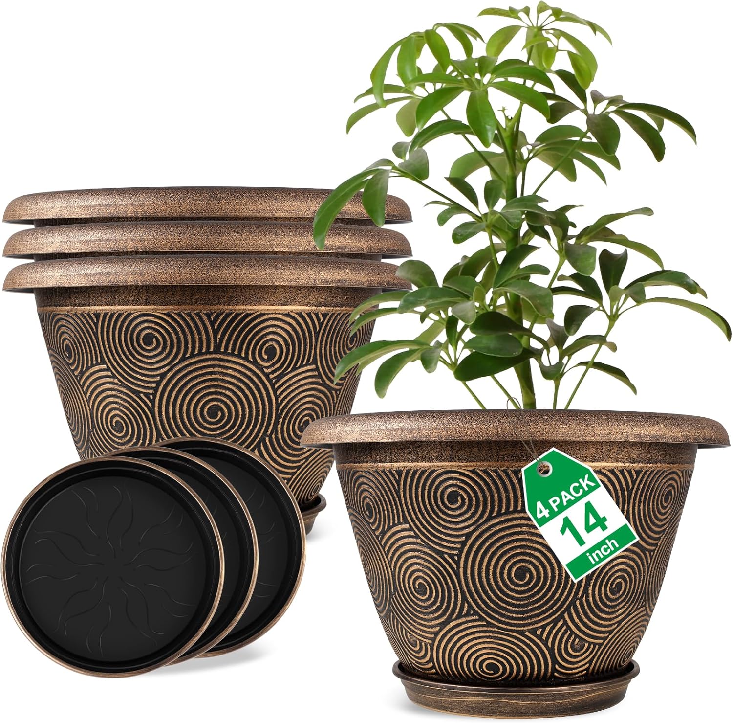 14 Inch Large Planter Pot for Plants Indoor Outdoor, 4 Pack Plastic Flower Pots with Drainage Hole
