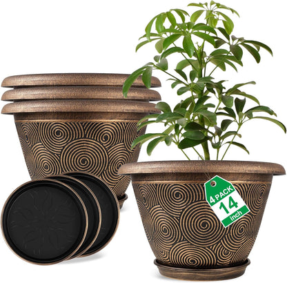 14 Inch Large Planter Pot for Plants Indoor Outdoor, 4 Pack Plastic Flower Pots with Drainage Hole