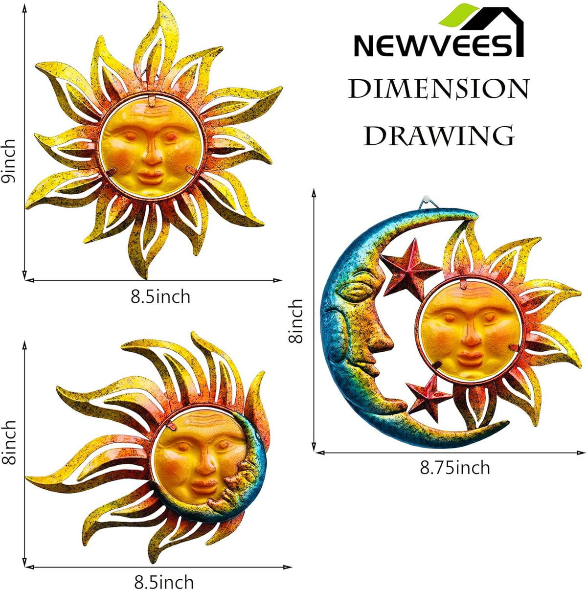 Sun Face Metal Wall Art Décor Outdoor Indoor, Sun Moon Star, Metal Glass Hanging for Garden Sun