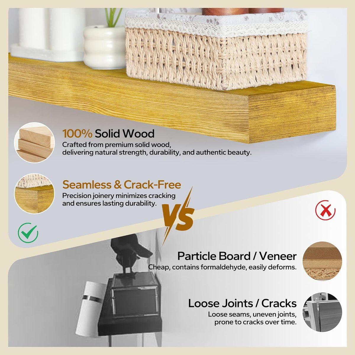 Floating Shelves 3 inch Thick for Wall Set of 2,Solid Pine Wood Wall Mount Shelf for Kitchen Living