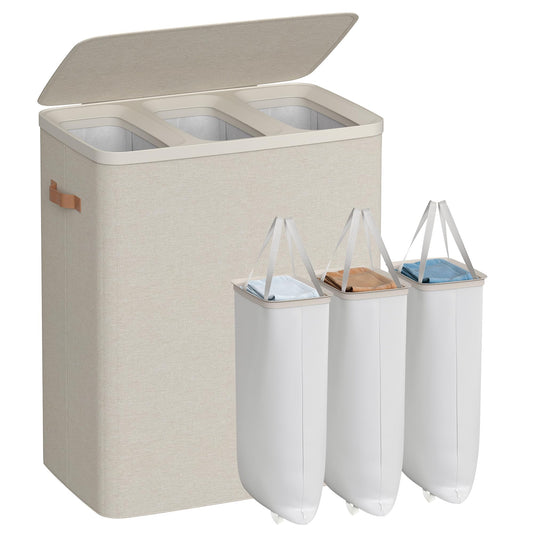 SONGMICS Laundry Basket, 50.2 Gal. Laundry Hamper, 3 Compartments, Easy Assembly, with Lid and