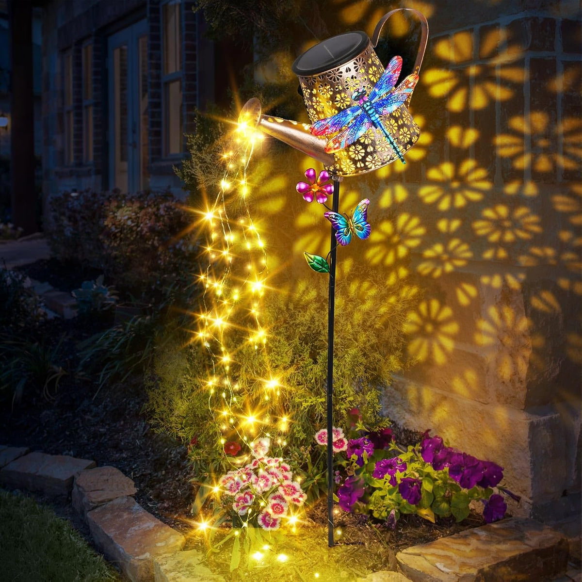 Solar Lights Outdoor Decorative, 39.4'' Metal Solar Watering Can Lights with Dragonfly, Waterproof