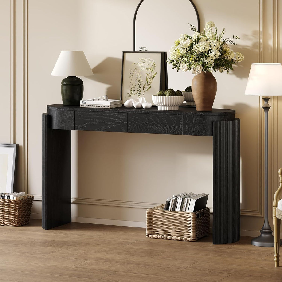 55" Sofa Table with Oval Top and 2 Drawers, Entryway Console Table with Fluted Design for