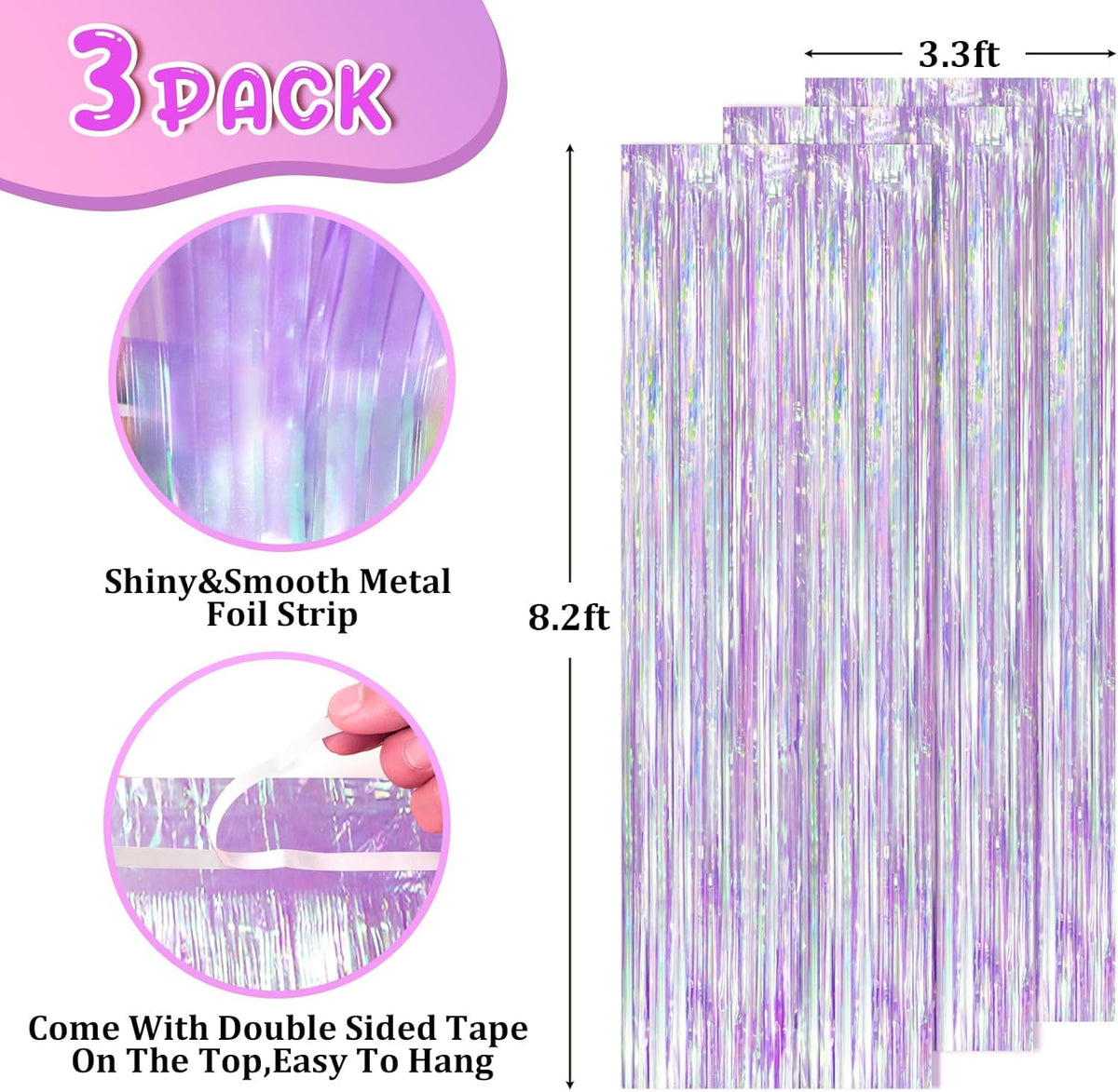 Iridescent Party Backdrop 3Packs, Transparent Tinsel Foil Fringe Curtain Streamers for Girls