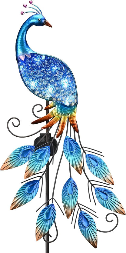 TERESA'S COLLECTIONS Garden Decor Blue Peacock with Solar Outdoor Lights, 40" Glass Yard Art for