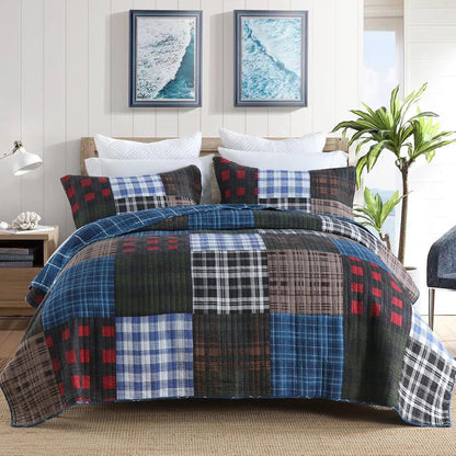 NEWLAKE Quilt Set King Size, Cotton Patchwork Blue Black Checkered Patterns Quilt Sets, Reversible