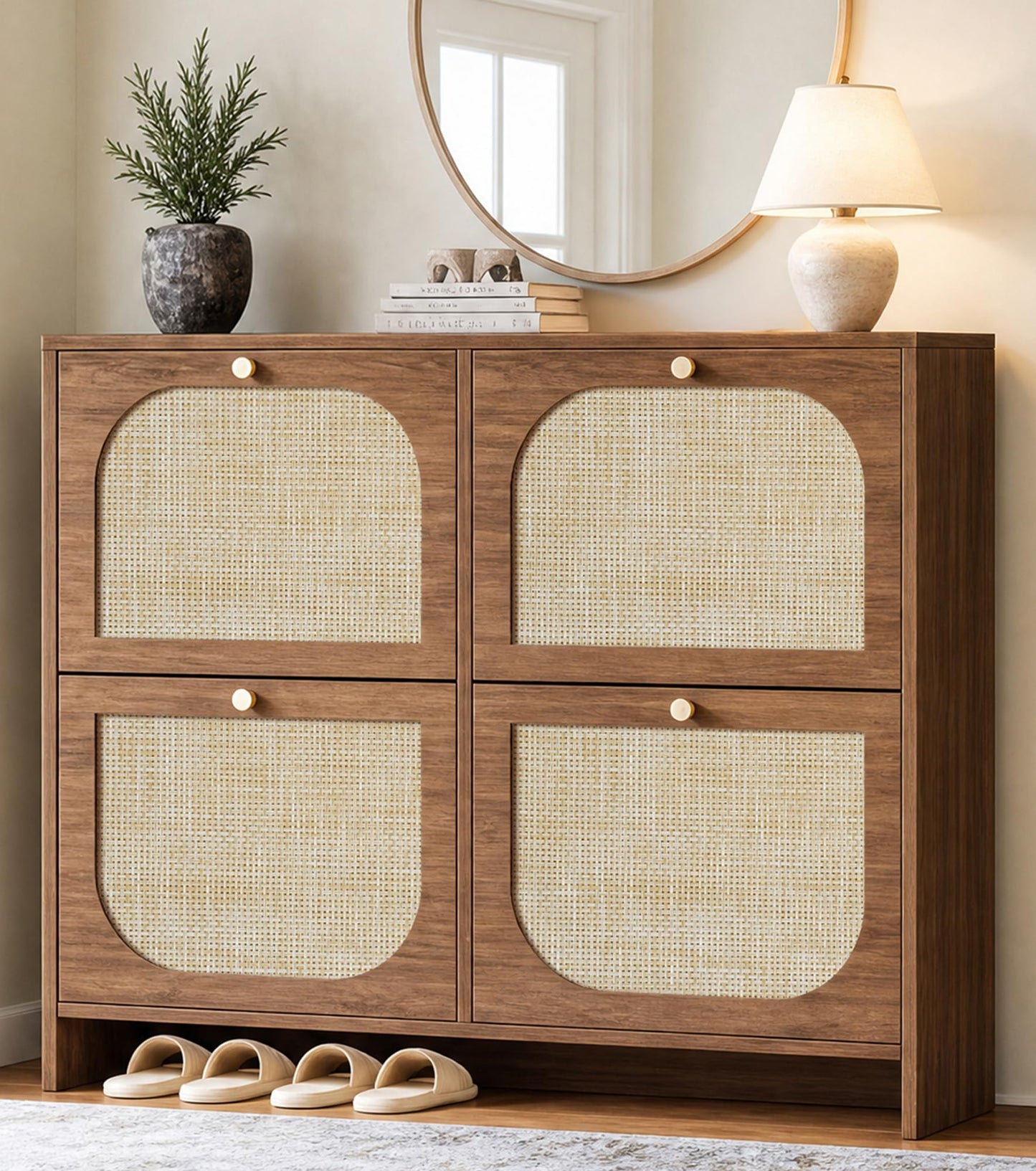 Nicetree Freestanding Ultra Slim Arched Rattan Accent Shoe Storage Cabinet for Entryway - 4 Flip