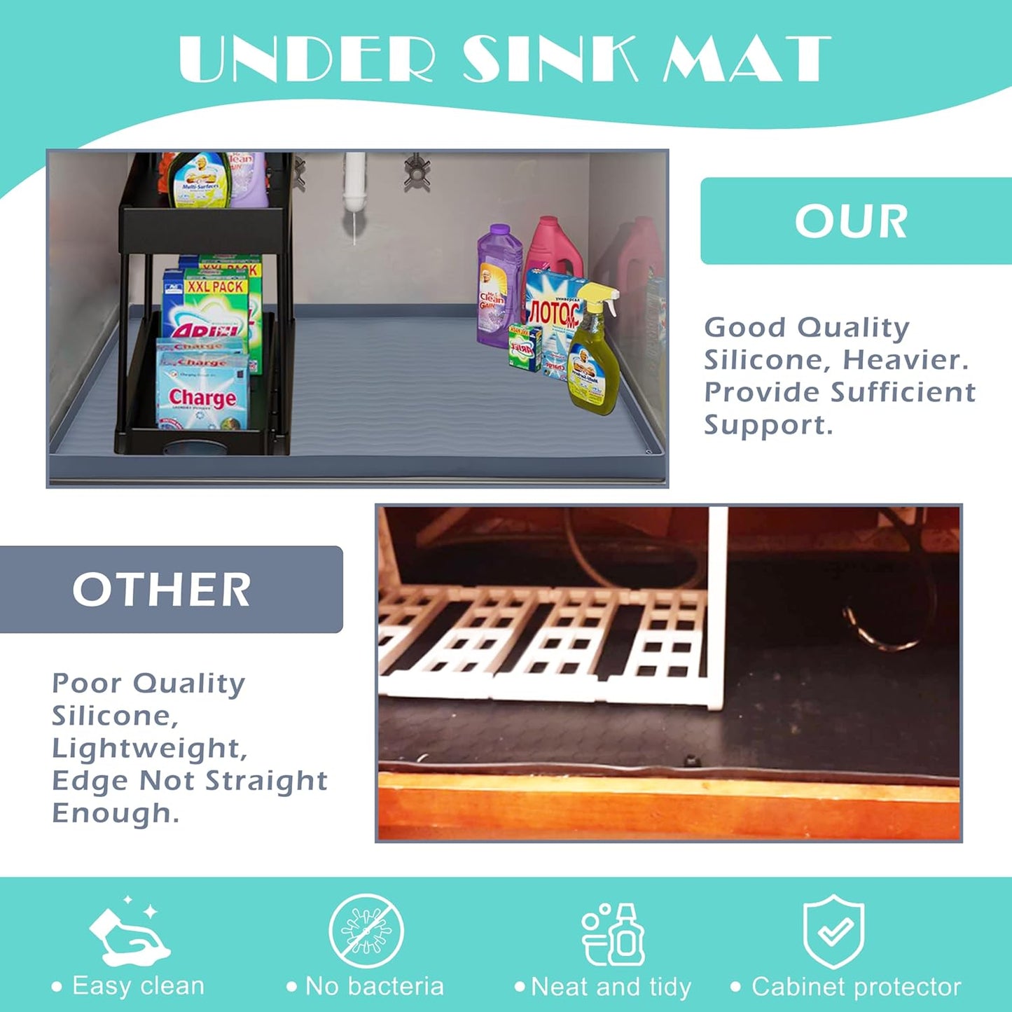 URMONA Waterproof Silicone Under Sink Mat 31'' x 22'' Shelf Liner for Kitchen and Bathroom, Cabinet