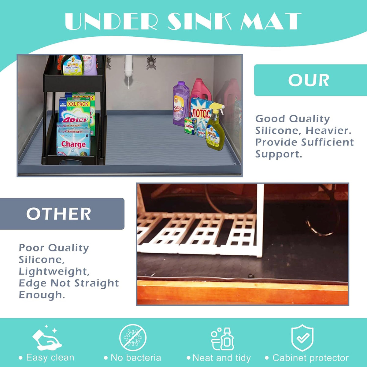 URMONA Waterproof Silicone Under Sink Mat 37'' x 22'' Shelf Liner for Kitchen and Bathroom, Cabinet