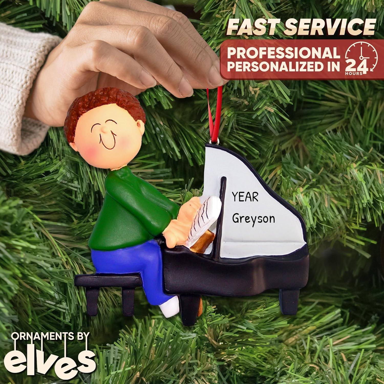 Ornaments by Elves Personalized Grand Piano Ornament for Christmas Tree 2024 - Brunette Music Boy