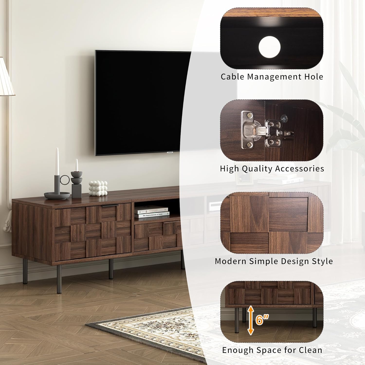 Modern TV Stand for TVs up to 85", Mid-Century Media Console with Checkered Cabinet Doors, Storage