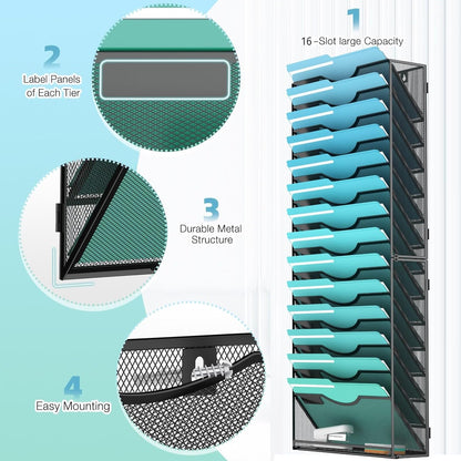 15-Tier Wall File Organizer Hanging Wall File Holder Wall Mount Paper Folder Organize, Mesh