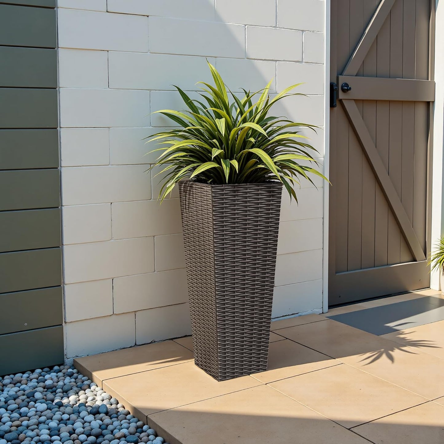 JUMMICO Set of 2 Resin Rattan Tall Planters for Outdoor Plants, Large Tapered Planters with