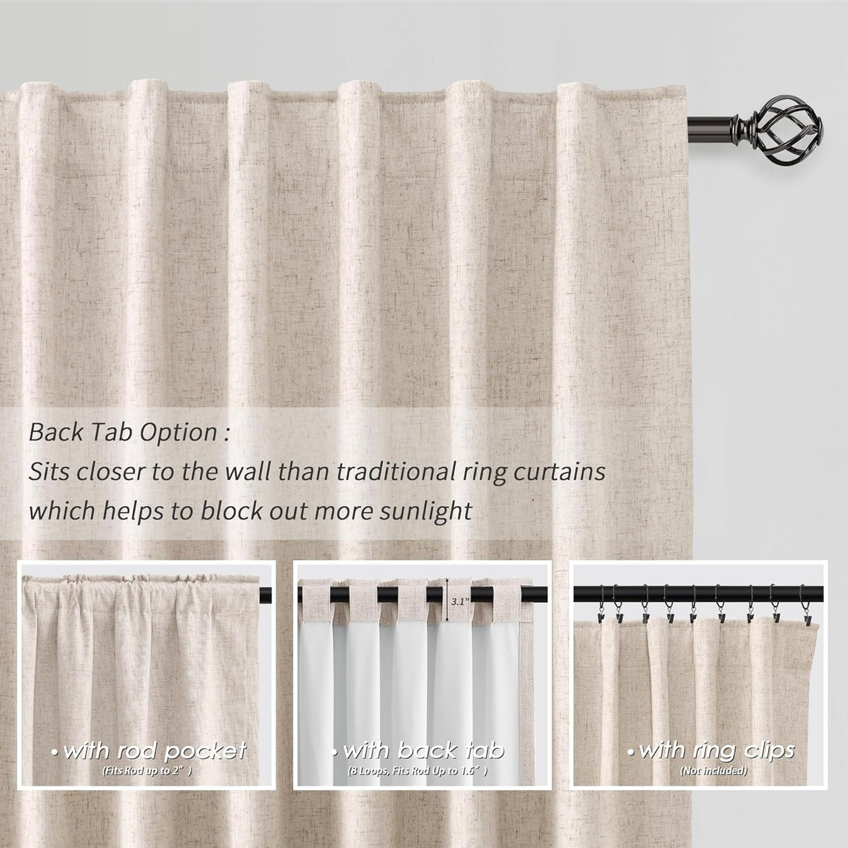 BOODII Oatmeal Linen 100% Blackout Curtains 100 Inch Extra Long Room Darkening Light Blocking