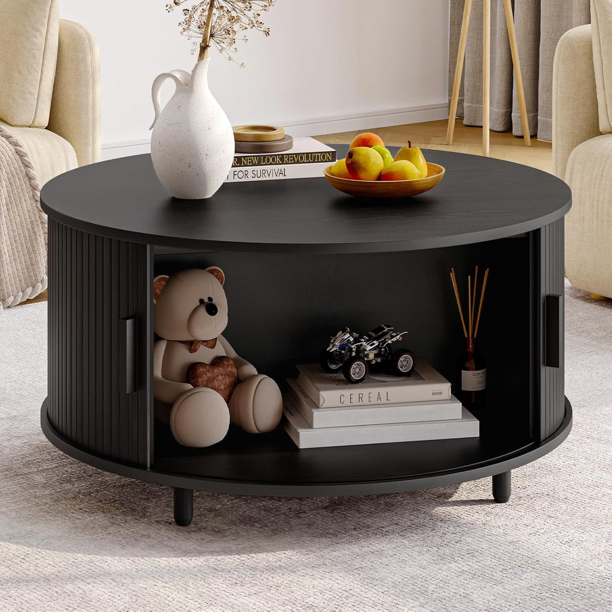 Round Coffee Table with Storage, 31.5" Modern Coffee Table with 360° Curved Sliding Door, Fluted