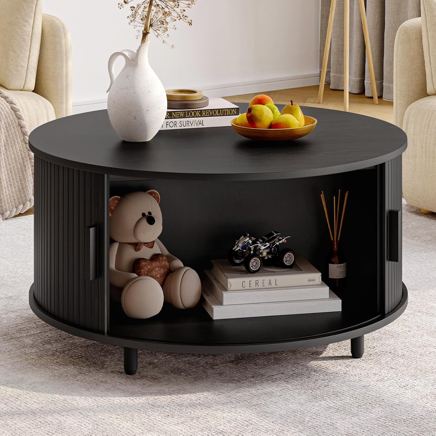 Round Coffee Table with Storage, 31.5" Modern Coffee Table with 360° Curved Sliding Door, Fluted