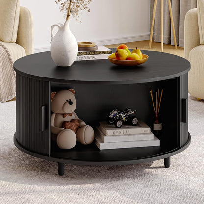 Round Coffee Table with Storage, 31.5" Modern Coffee Table with 360° Curved Sliding Door, Fluted