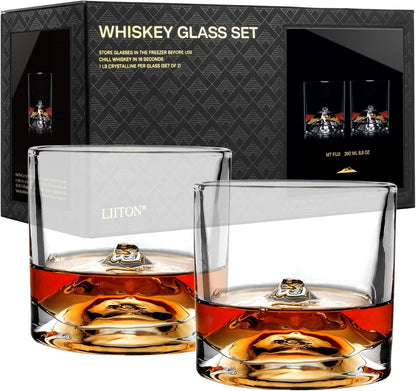 Mount Fuji Heavy Crystal Whiskey Glasses Gift Set of 2, Thick Freezable Bourbon Glass 1lb Each