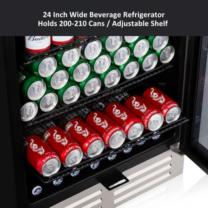 24 Inch Beverage Refrigerator Cooler,210 Cans Wide Beverage and Beer Fridge with Glass Door and