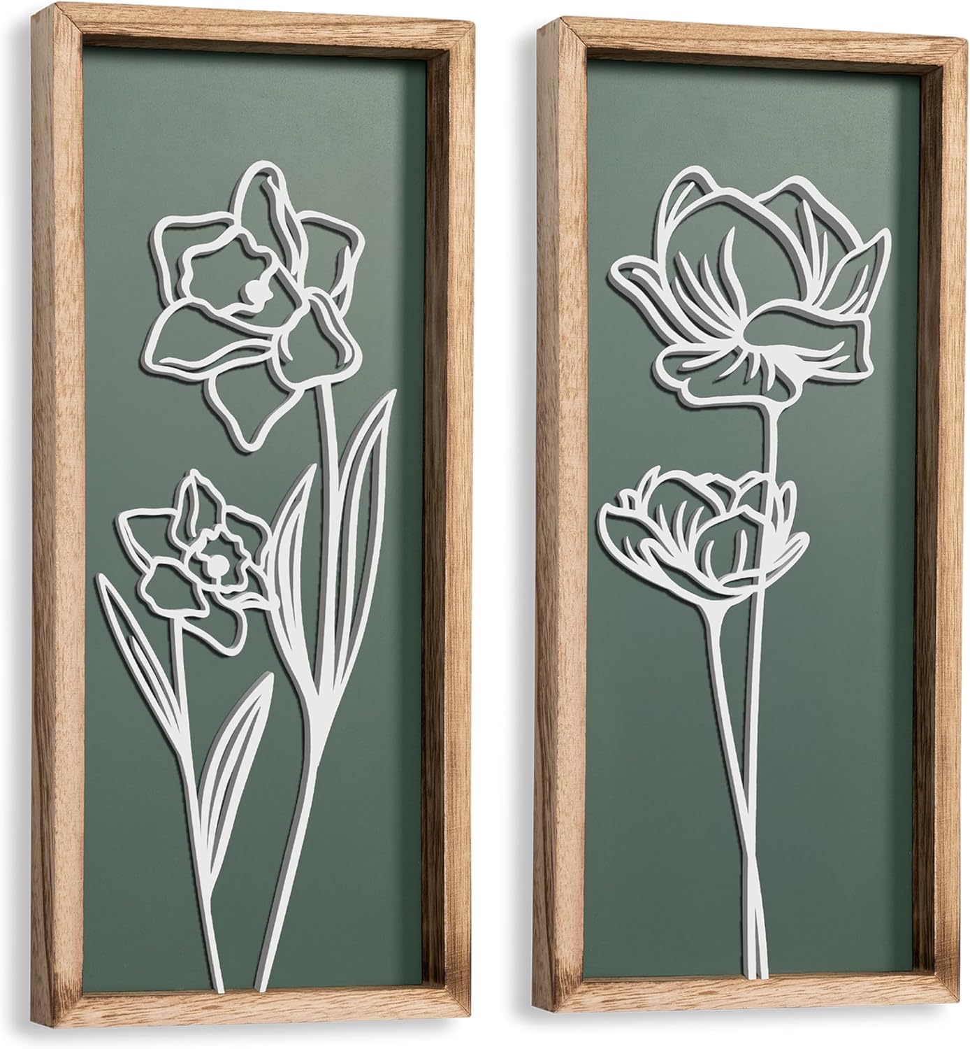 3D Floral Green Wall Art (Set of 2) Lightweight, Wooden Ready-to-Hang Boho Framed Wall Art for