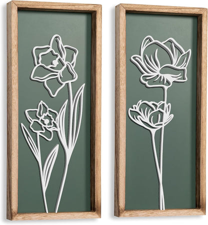 3D Floral Green Wall Art (Set of 2) Lightweight, Wooden Ready-to-Hang Boho Framed Wall Art for