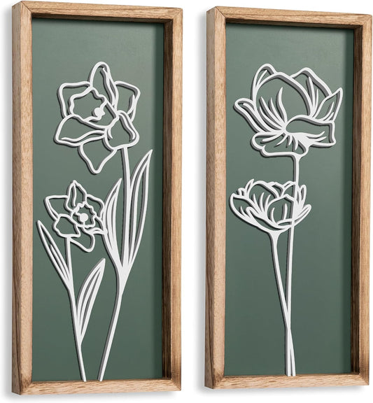3D Floral Green Wall Art (Set of 2) Lightweight, Wooden Ready-to-Hang Boho Framed Wall Art for